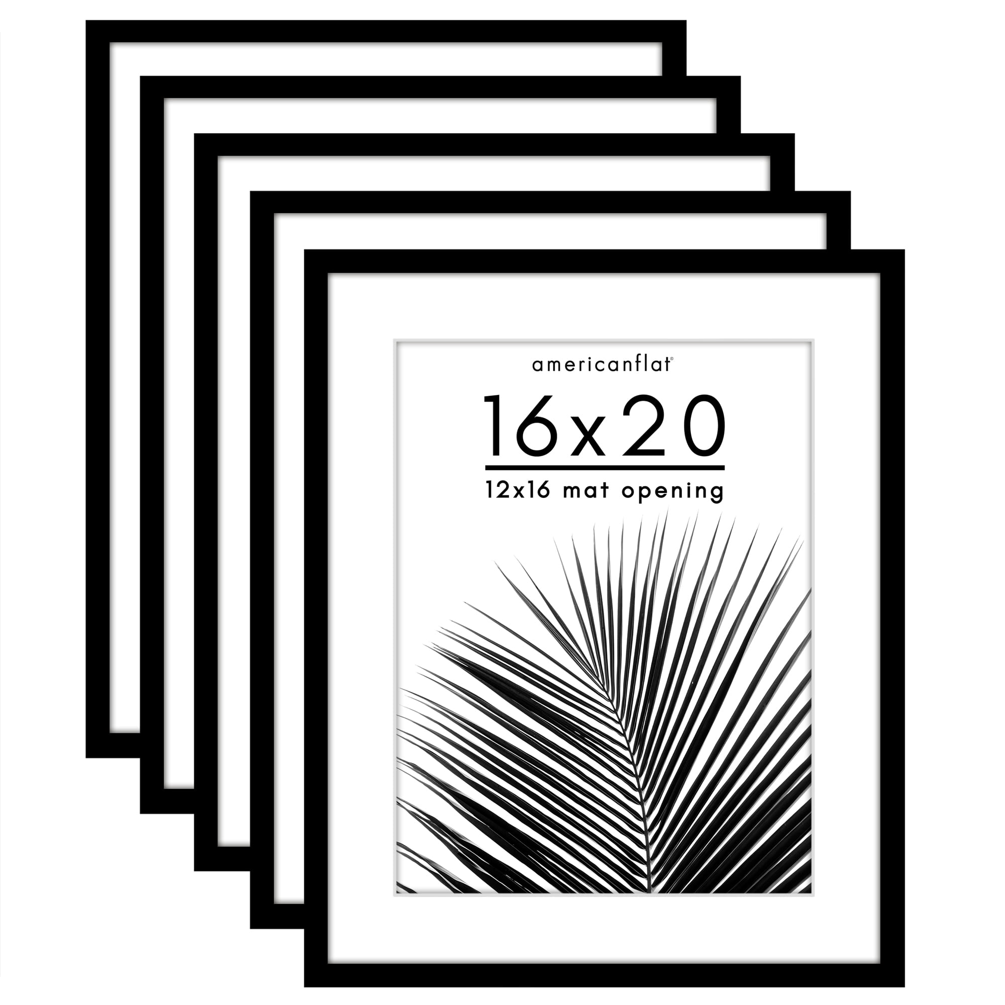 Americanflat 16x20 Picture Frame with Polished Plexiglass with 12x16 Mat 5 Pack Display Photo Galleria - Black