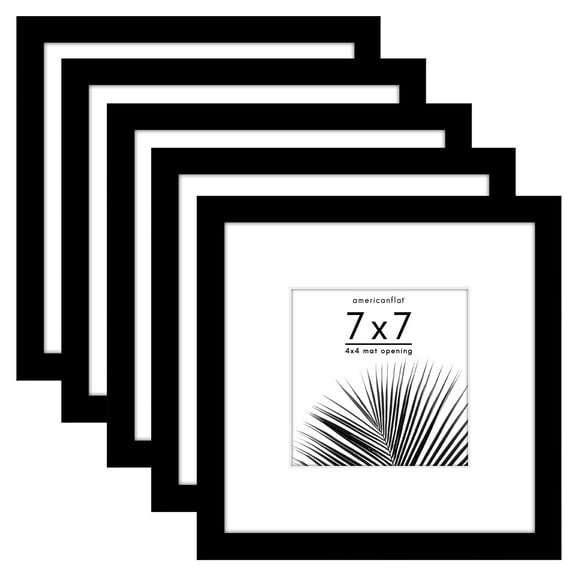 Americanflat 5 Pack of 7x7 Frames with 4x4 Mat - Plexiglass Cover - Black