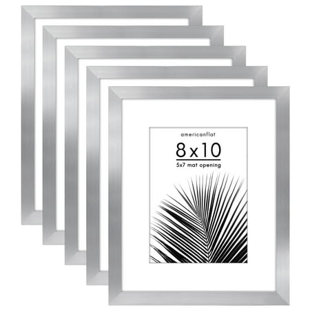 Americanflat 8x10 Picture Frame with Plexiglass with 5x7 Mat 5 Pack Display Photo Galleria Collection - Silver