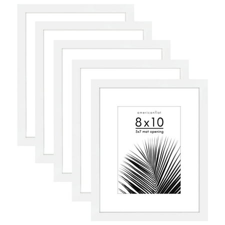 Americanflat 8x10 Picture Frame with Polished Plexiglass with 5x7 Mat 5 Pack Display Photo Galleria - White
