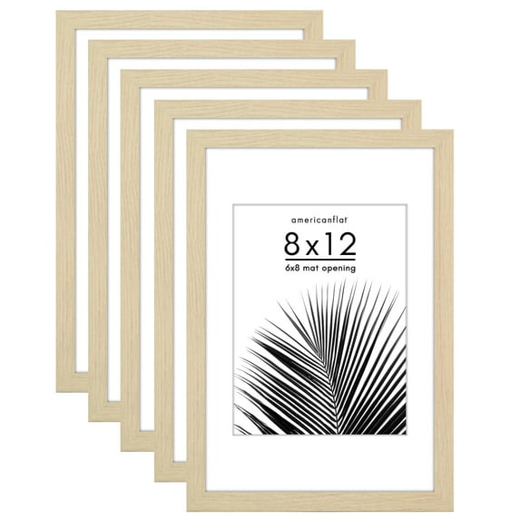 Americanflat 8x12 Picture Frame with Polished Plexiglass with 6x8 Mat 5 Pack Display Photo Wall - Natural Oak