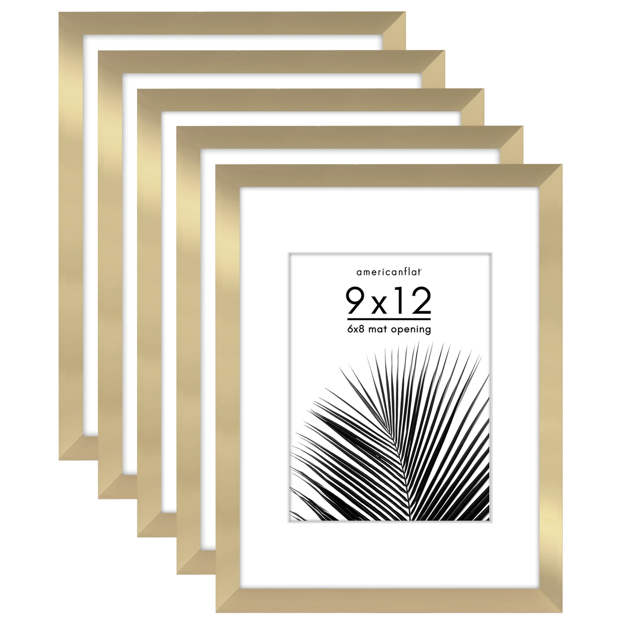 Americanflat 9x12 Picture Frame with Polished Plexiglass with 6x8 Mat 5 Pack Display Photo Galleria - Gold