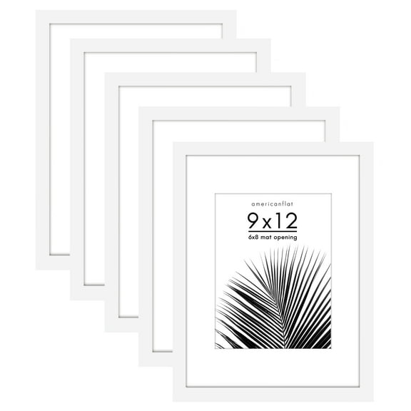 Americanflat 5 Pack of 9x12 Frames with 6x8 Mat - Plexiglass Cover - White