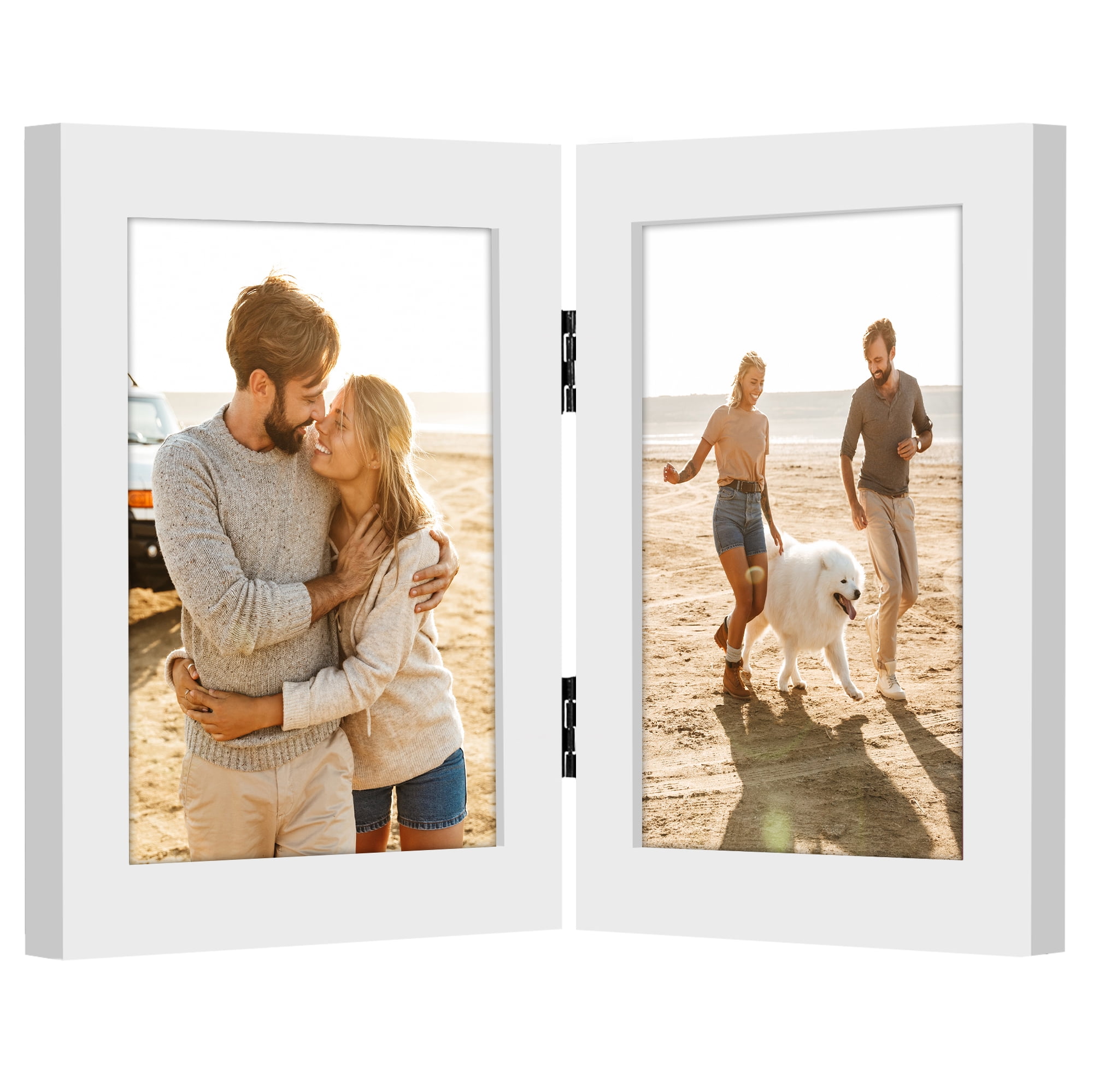 Americanflat 5x7 Hinge Frame with Shatter-Resistant Glass Hinged Double Frames Signature Collection - White