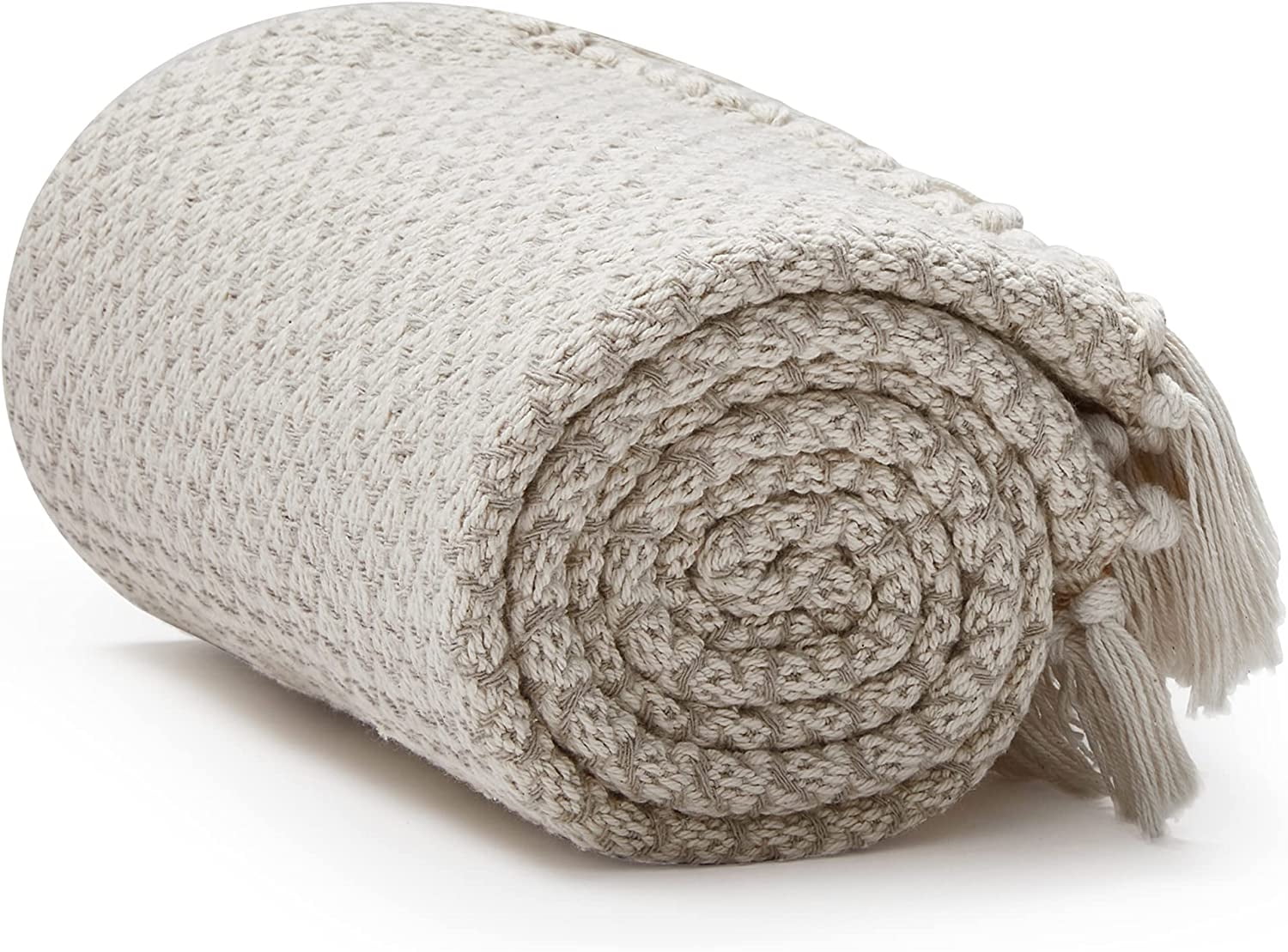 Americanflat 50x60 Throw Blanket, 100% Cotton with Fringe, Cream Beige Birds Eye, all seasons blanket