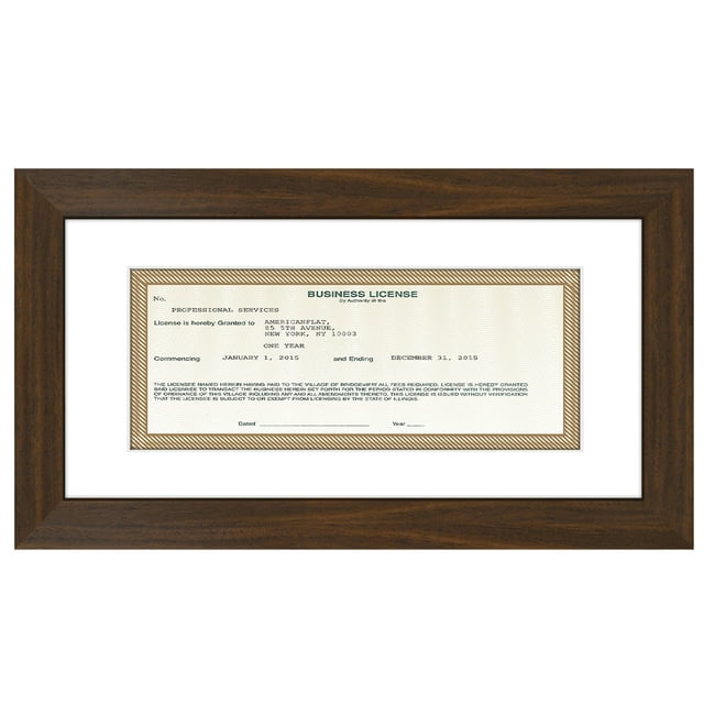 Americanflat 5x10 Business License Frame - Use as 3.5x8 Frame with Mat - Walnut