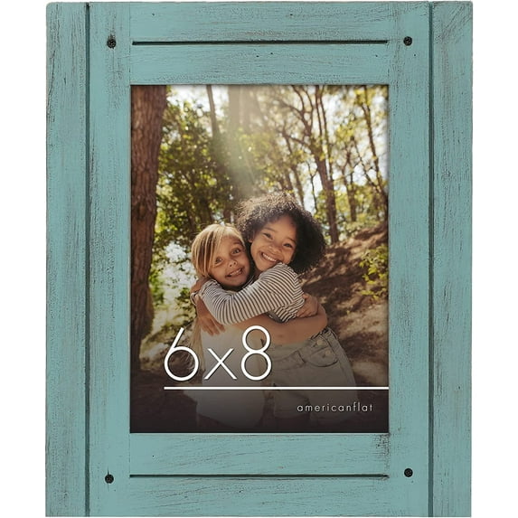 Americanflat 6x8 Rustic Picture Frame in Turquoise Blue with Textured Wood and Polished Glass - Horizontal and Vertical Formats for Wall and Tabletop - Farmhouse Style