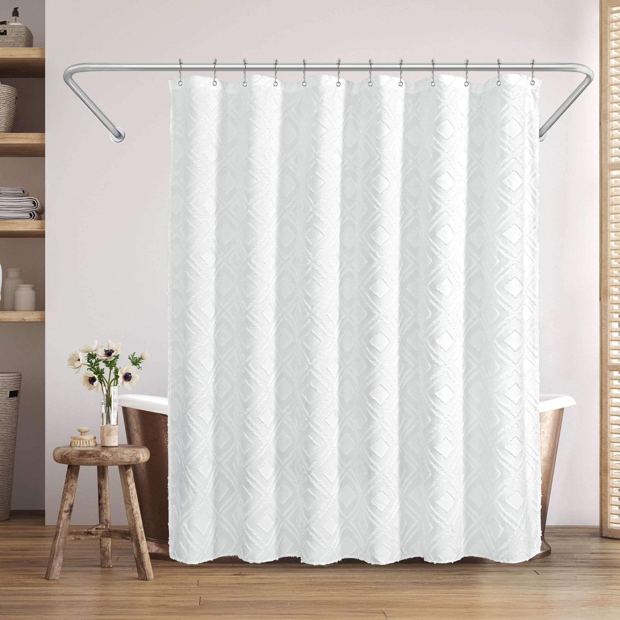 Americanflat 71x71 White Woven Shower Curtain with Tassel And Diamond Accents - Includes 12 Grommets and Hooks - 100% Polyester