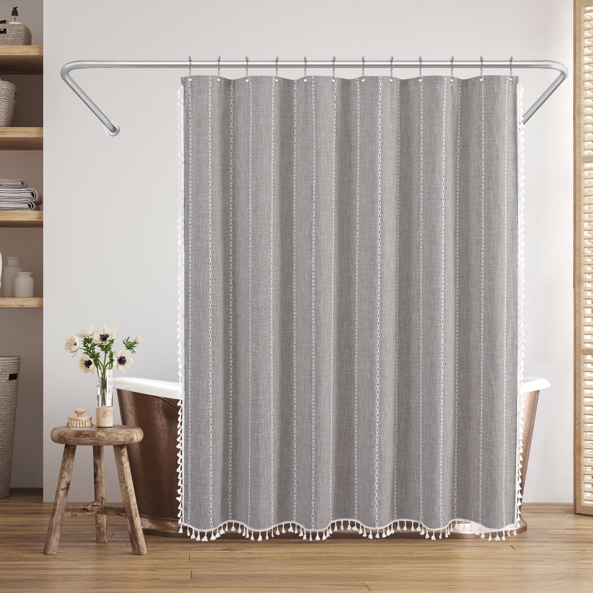 Americanflat 71x71 Woven Linen Gray Shower Curtain with Tassel Accents - Includes 12 Grommets and Hooks - 100% Polyester
