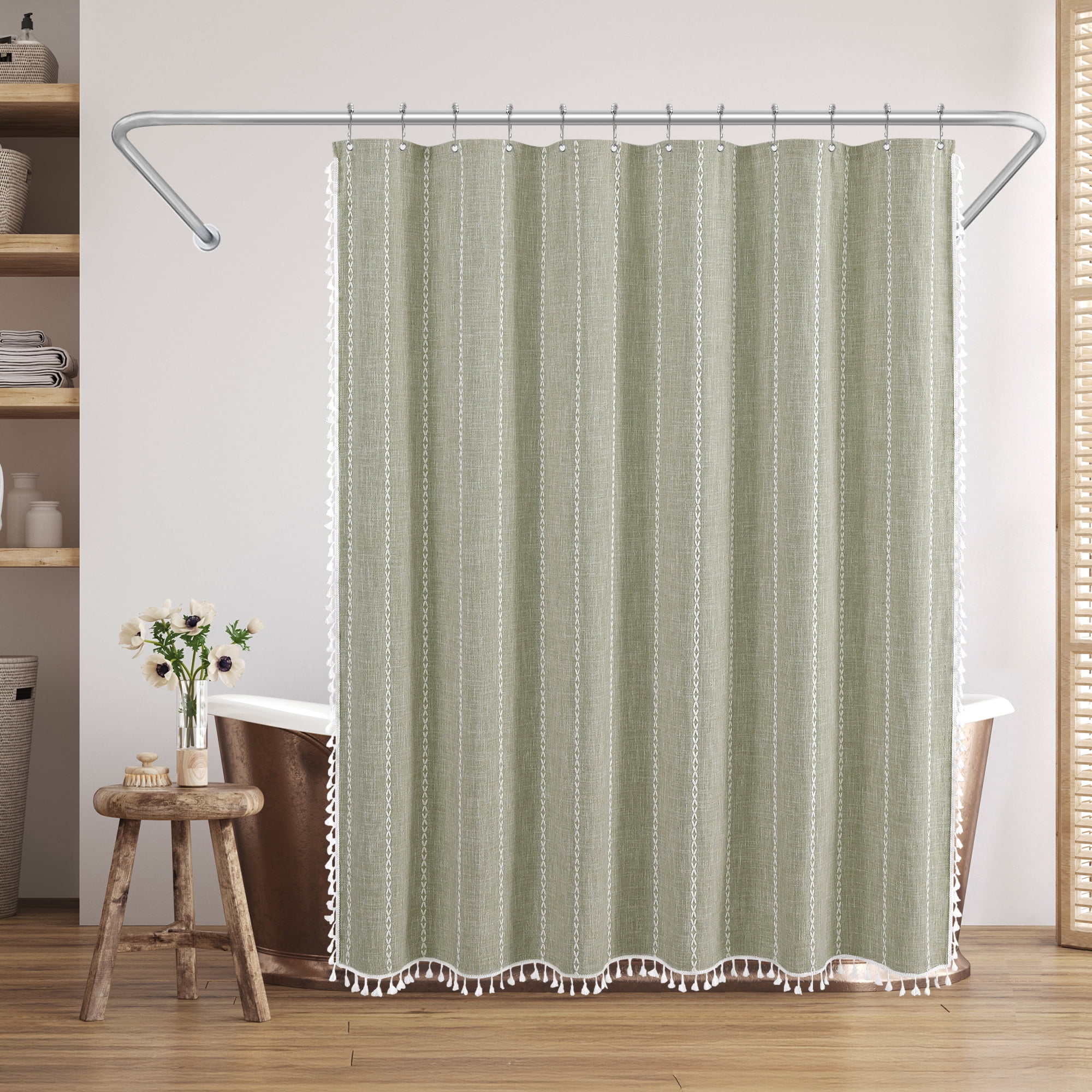Americanflat 71x71 Woven Linen Green Shower Curtain with Tassel Accents - Includes 12 Grommets and Hooks - 100% Polyester