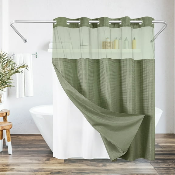 Americanflat 72x75 Green Hookless Waffle Pattern Shower Curtain - Water-Resistant Long Shower Curtain with Sheer Panel, Snap-In Liner, and Grommets