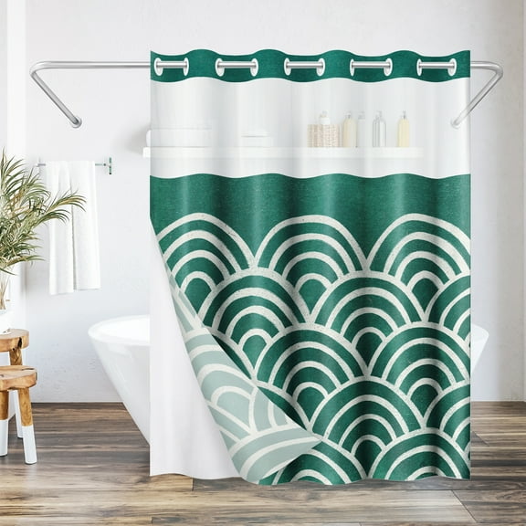 Americanflat 72x75 Hookless Shower Curtain - Abstract Green White Shower Curtain with Sheer Panel, Snap-In Liner, and Grommets - 100% Polyester