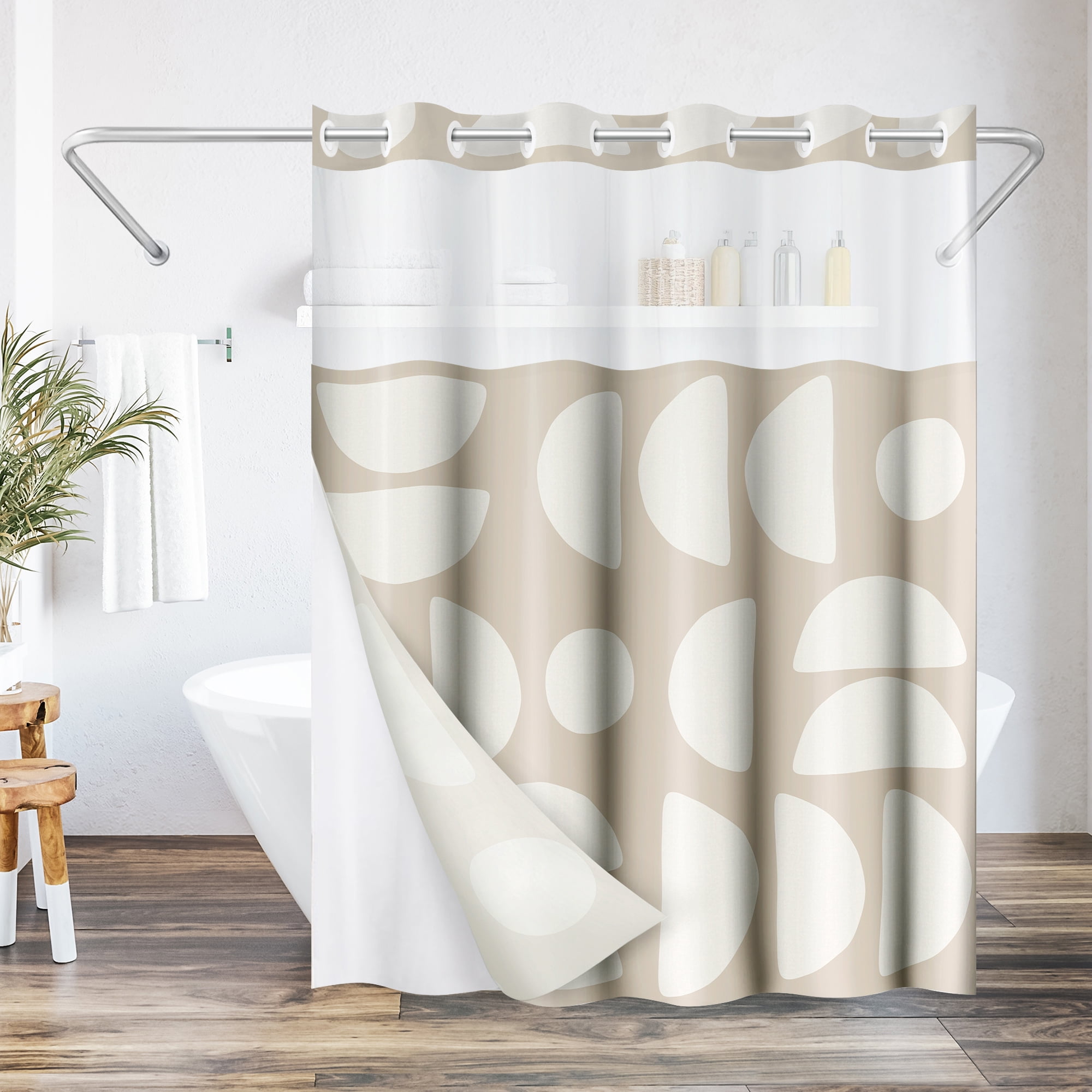 Americanflat 72x75 Hookless Shower Curtain - Abstract Khaki Cream Shower Curtain with Sheer Panel, Snap-In Liner, and Grommets - 100% Polyester