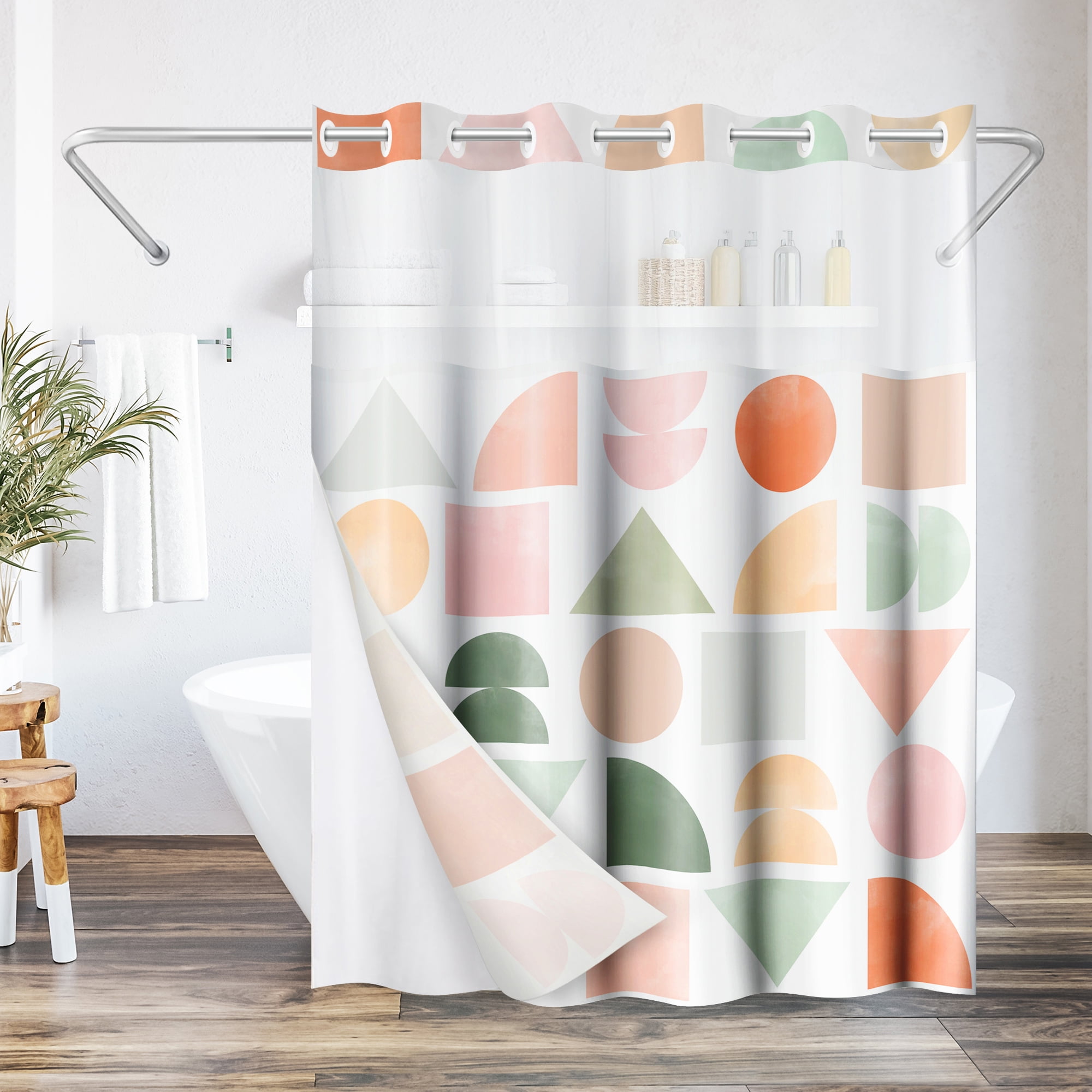 Americanflat 72x75 Hookless Shower Curtain - Abstract Orange Green Shower Curtain with Sheer Panel, Snap-In Liner, and Grommets - 100% Polyester