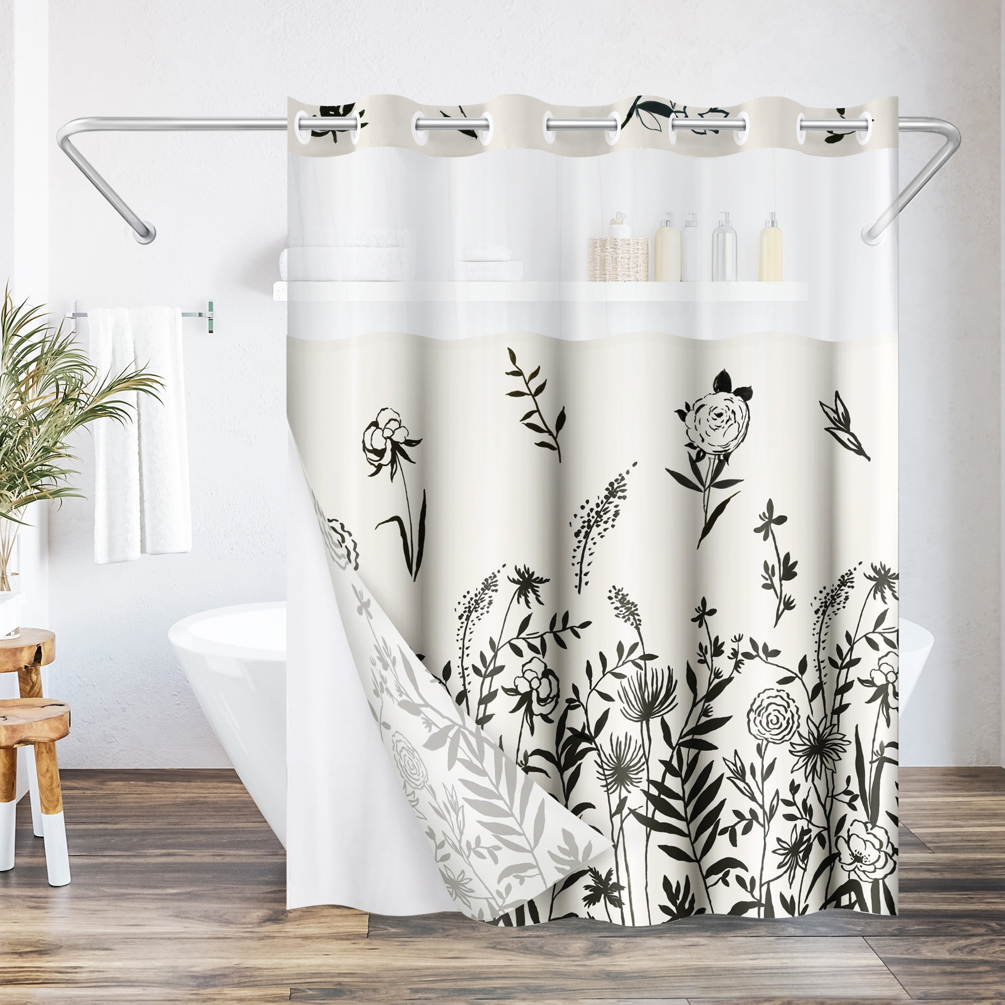 Americanflat 72x75 Hookless Shower Curtain - Floral Cream and Black Shower Curtain with Sheer Panel, Snap-In Liner, and Grommets - 100% Polyester