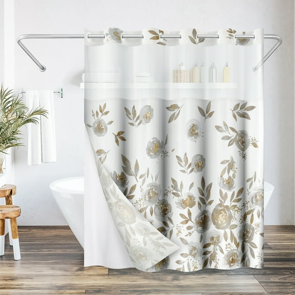 Americanflat 72x75 Hookless Shower Curtain - Floral Gold Grey Shower Curtain with Sheer Panel, Snap-In Liner, and Grommets - 100% Polyester