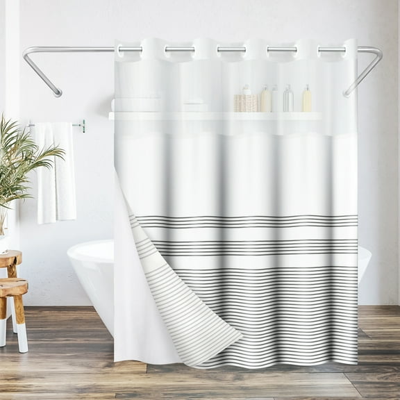 Americanflat 72x75 Hookless Shower Curtain - Grey Lines Shower Curtain with Sheer Panel, Snap-In Liner, and Grommets - 100% Polyester
