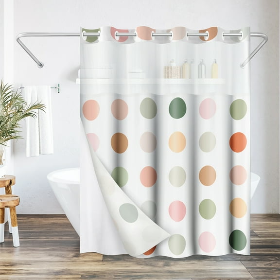 Americanflat 72x75 Hookless Shower Curtain - Polka Dot Green Orange Pink Shower Curtain with Sheer Panel, Snap-In Liner, and Grommets