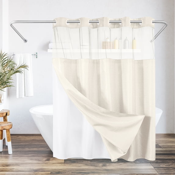 Americanflat 72x75 Ivory Hookless Waffle Pattern Shower Curtain - Water-Resistant Long Shower Curtain with Sheer Panel, Snap-In Liner, and Grommets