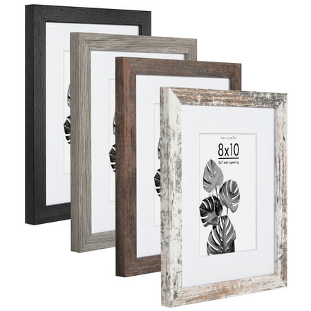 Americanflat 8x10 Picture Frame with 5x7 Mat 4 Pack - Rustic Picture Frames Shatter Resistant Glass and Easel