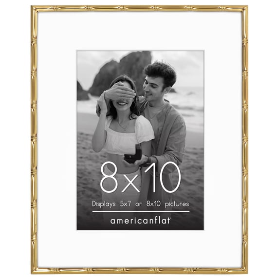 Americanflat 8x10 Picture Frame with Shatter-Resistant Glass with 5x7 Mat Metal Bamboo Style Molding - Gold