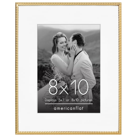 Americanflat 8x10 Picture Frame with Shatter-Resistant Glass with 5x7 Mat Metal Rope Style Detailing - Gold