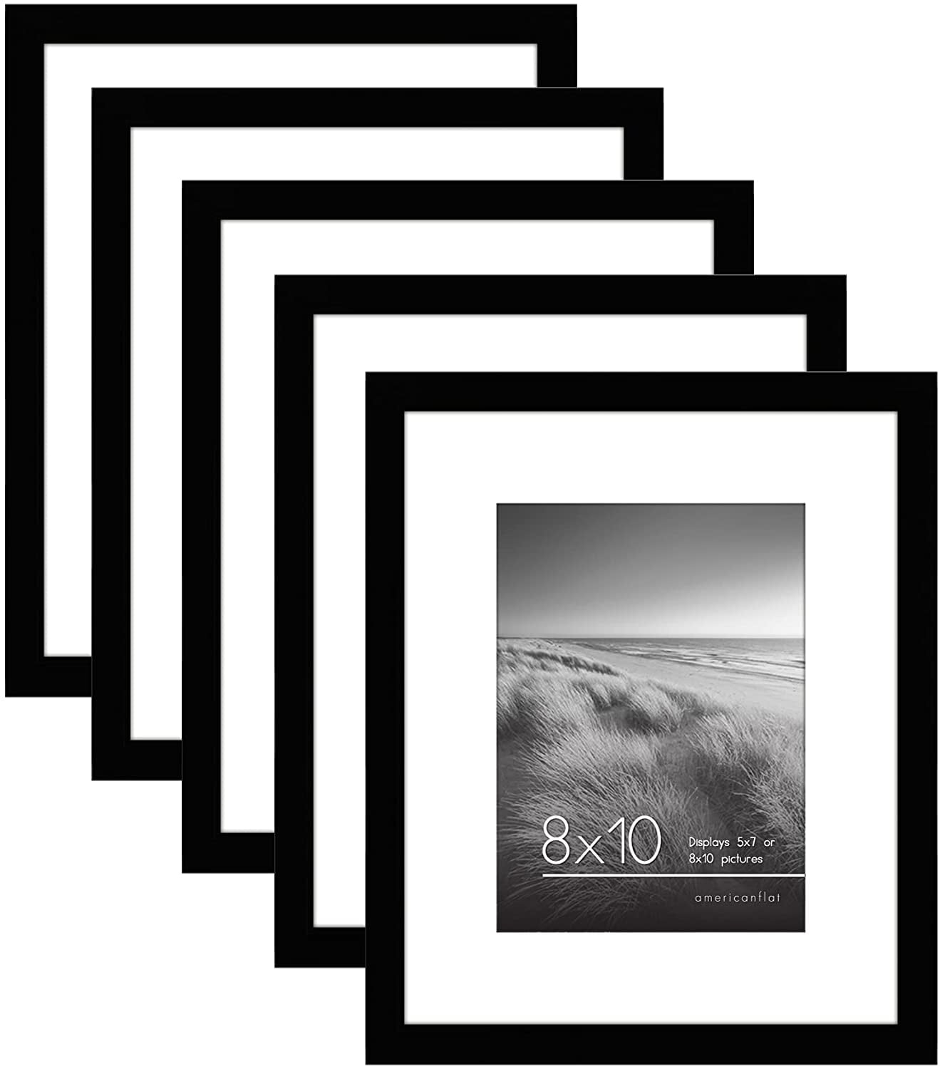 Americanflat 8x10 Picture Frame in Black - Displays 5x7 With Mat and 8x10 Without Mat - Set of 5 Frames with Sawtooth Hanging Hardware and Easel Stand Included For Horizontal and Vertical Display