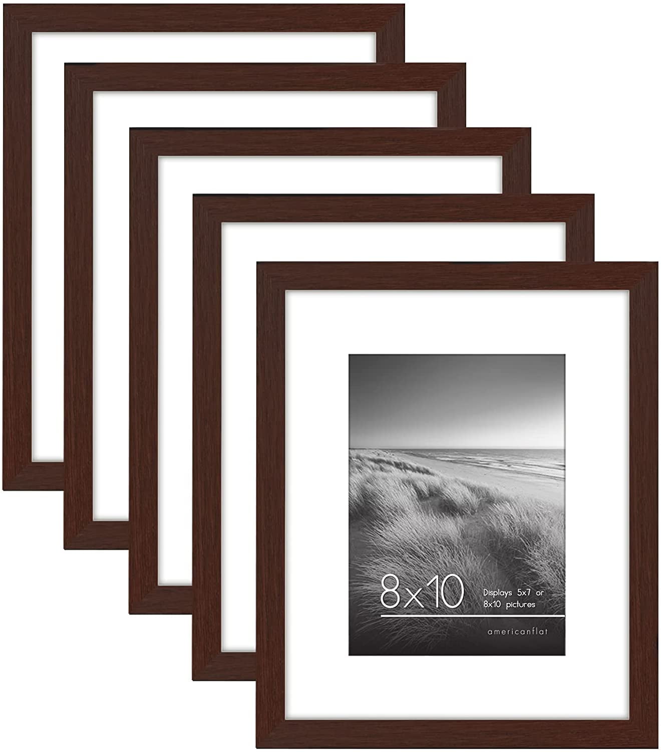 Americanflat 8x10 Picture Frame in Mahogany - Displays 5x7 With Mat and 8x10 Without Mat - Set of 5 Frames - Sawtooth Hanging Hardware and Easel Stand Included For Horizontal and Vertical Display