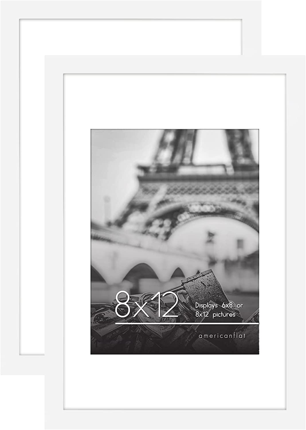 Americanflat 8x12 Picture Frame in White with 6x8 Mat Set of 2 Frames