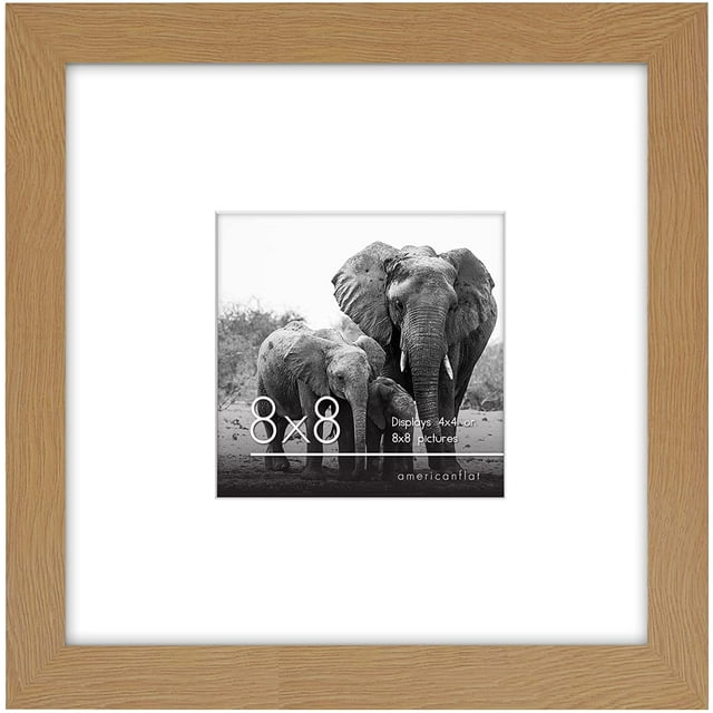 Americanflat 8x8 Picture Frame in Oak - Displays 4x4 With Mat and 8x8 Without Mat - Composite Wood with Shatter Resistant Glass - Horizontal and Vertical Formats for Wall and Tabletop