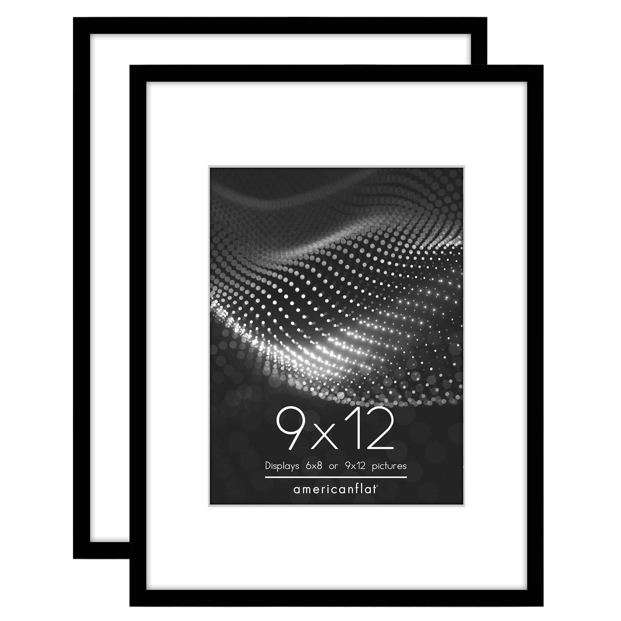 Americanflat 9x12 Picture Frame with Shatter-Resistant Glass with 6x8 Mat 2 Pack Display Photo Wall - Black