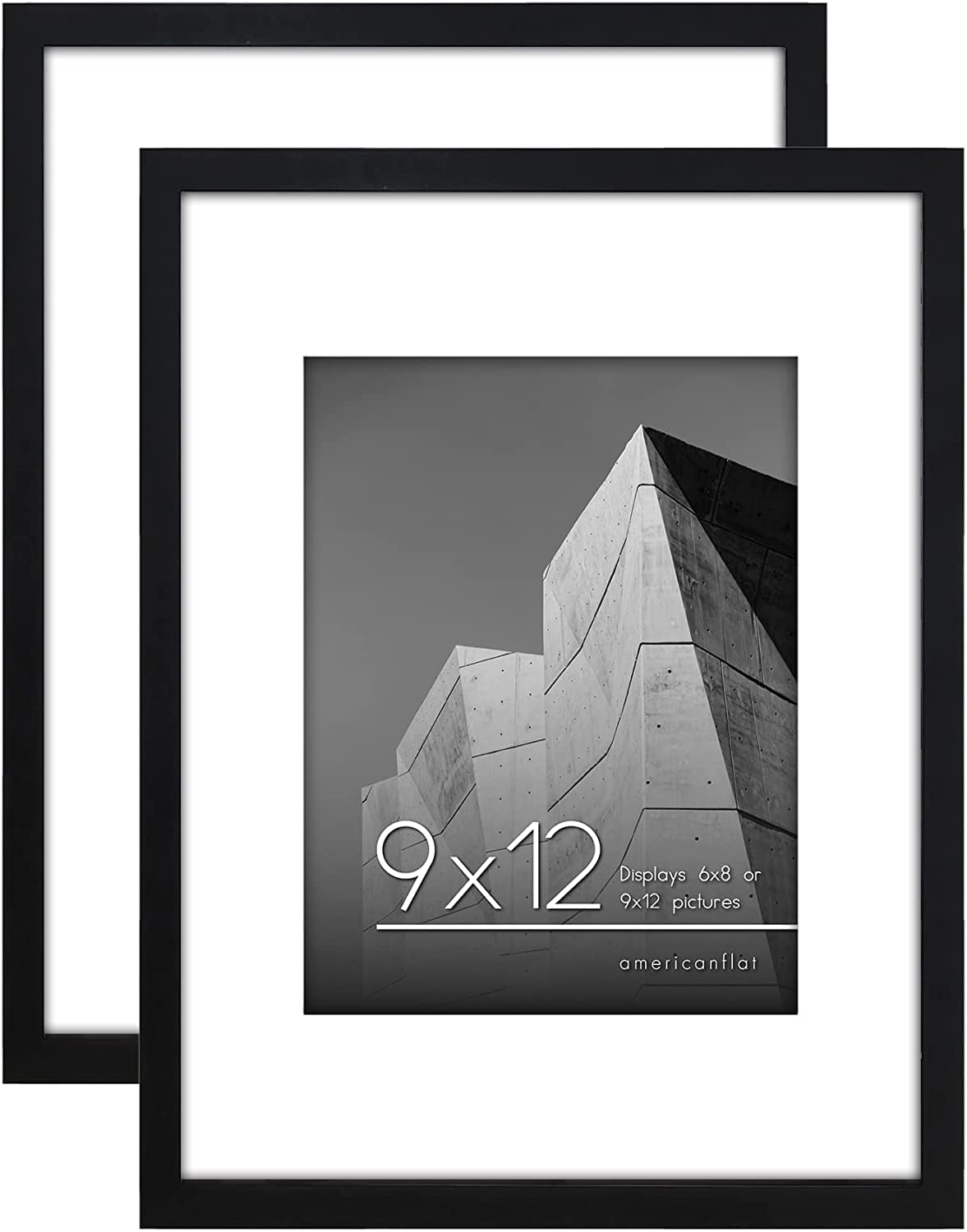 Americanflat 9x12 Picture Frame in Black - Displays 6x8 With Mat and 9x12 Without Mat - Horizontal and Vertical Formats for Wall and Tabletop (2 Pack)