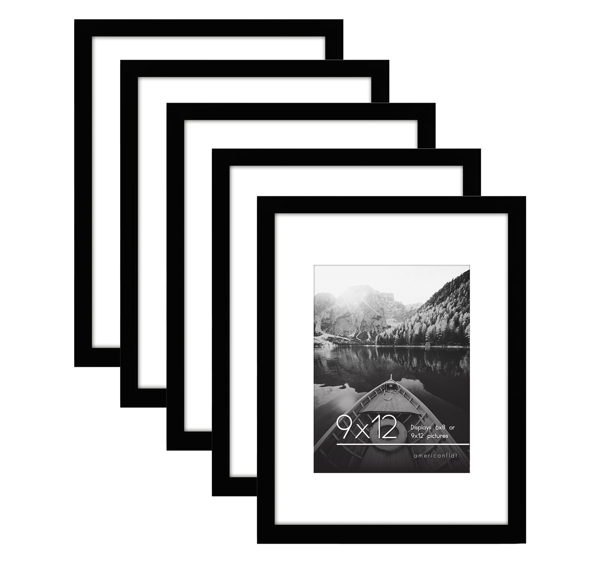 Americanflat 9x12 Picture Frame in Black - Displays 6x8 With Mat and 9x12 Without Mat - Set of 5 Frames with Sawtooth Hanging Hardware For Horizontal and Vertical Display