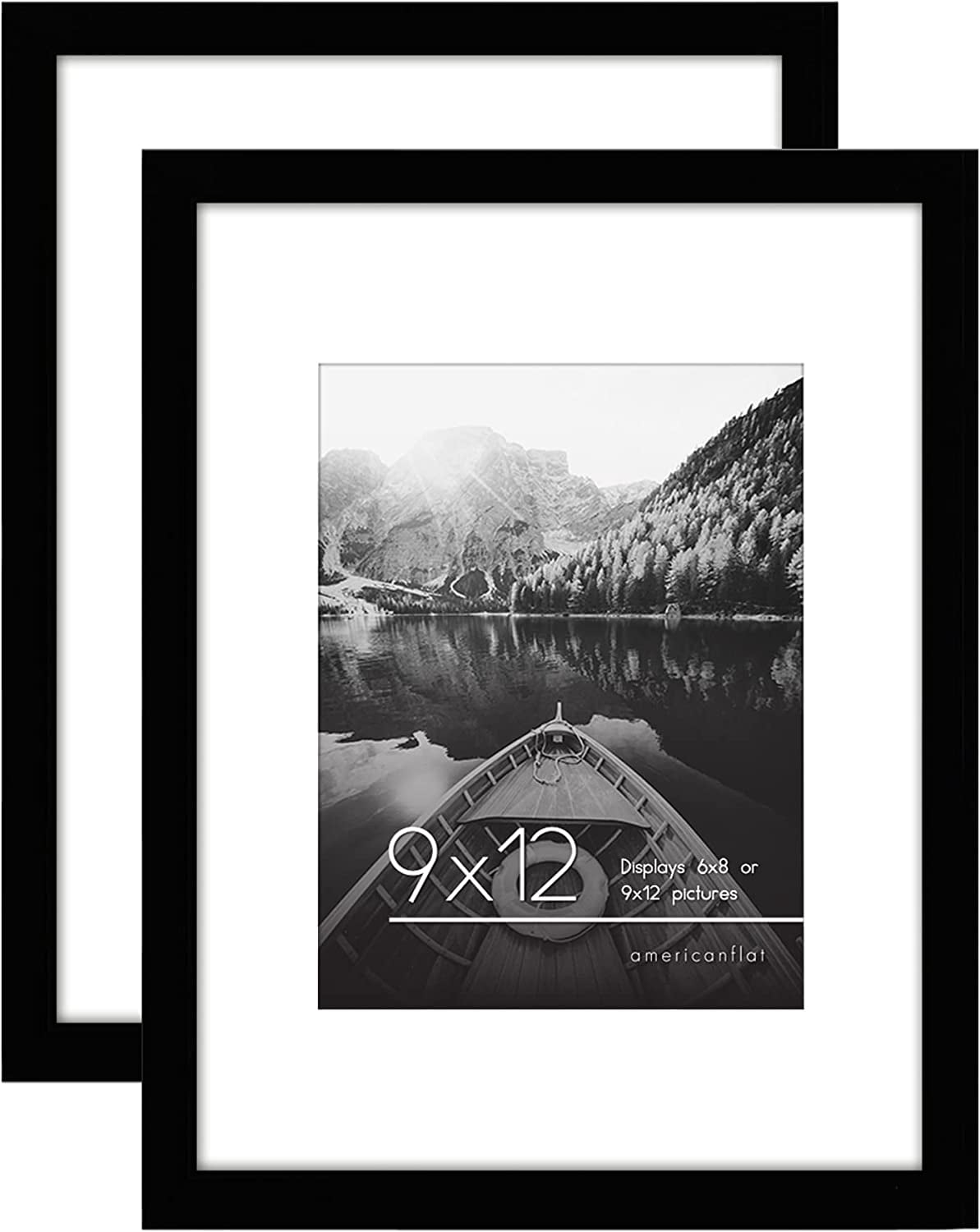 Americanflat 9x12 Picture Frame in Black with 6x8 Mat - Set of 2 Frames - Displays 6x8" Photos With Mat and 9x112 Without Mat
