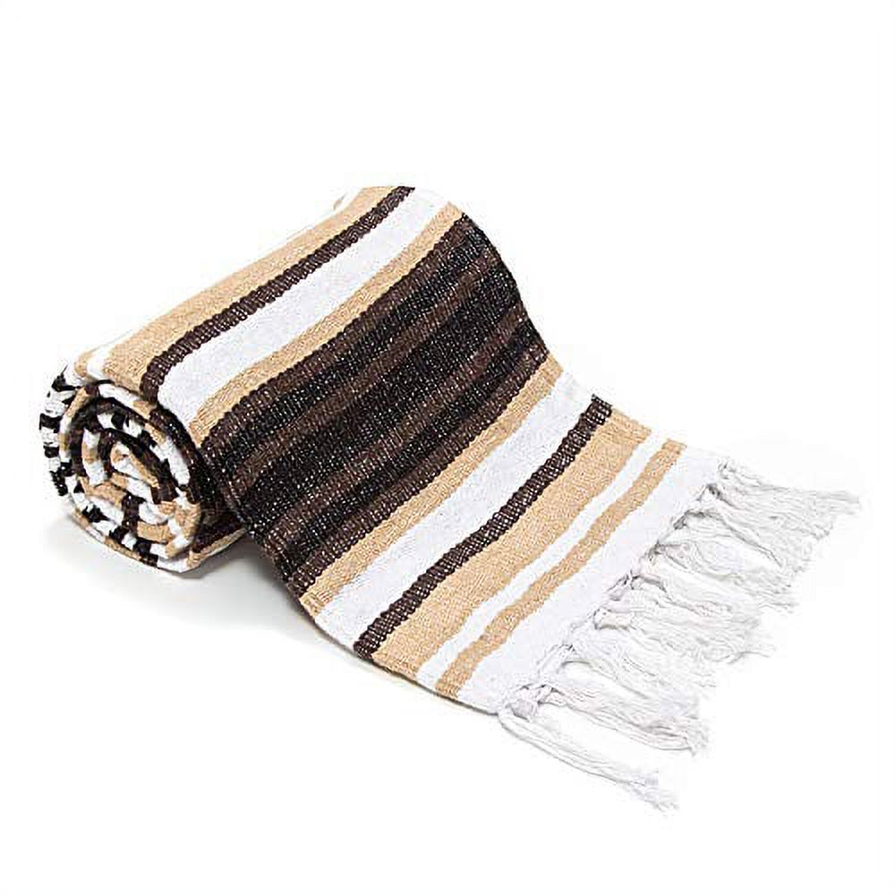 Americanflat Authentic Mexican Yoga Blanket Soft Woven Cotton and Polyester Falsa Blanket in Camel, Brown Striped