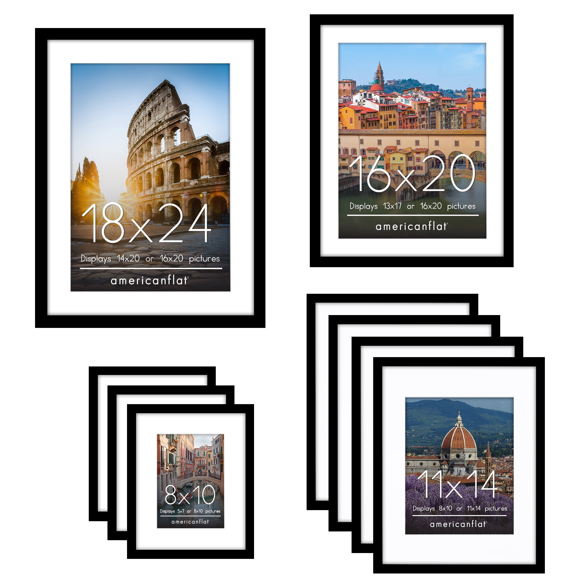 Americanflat Picture Frame Gallery Set Shatter-Resistant Glass 9 Pack Multi Size for 8x10, 11x14, 16x20, 18x24 - Black