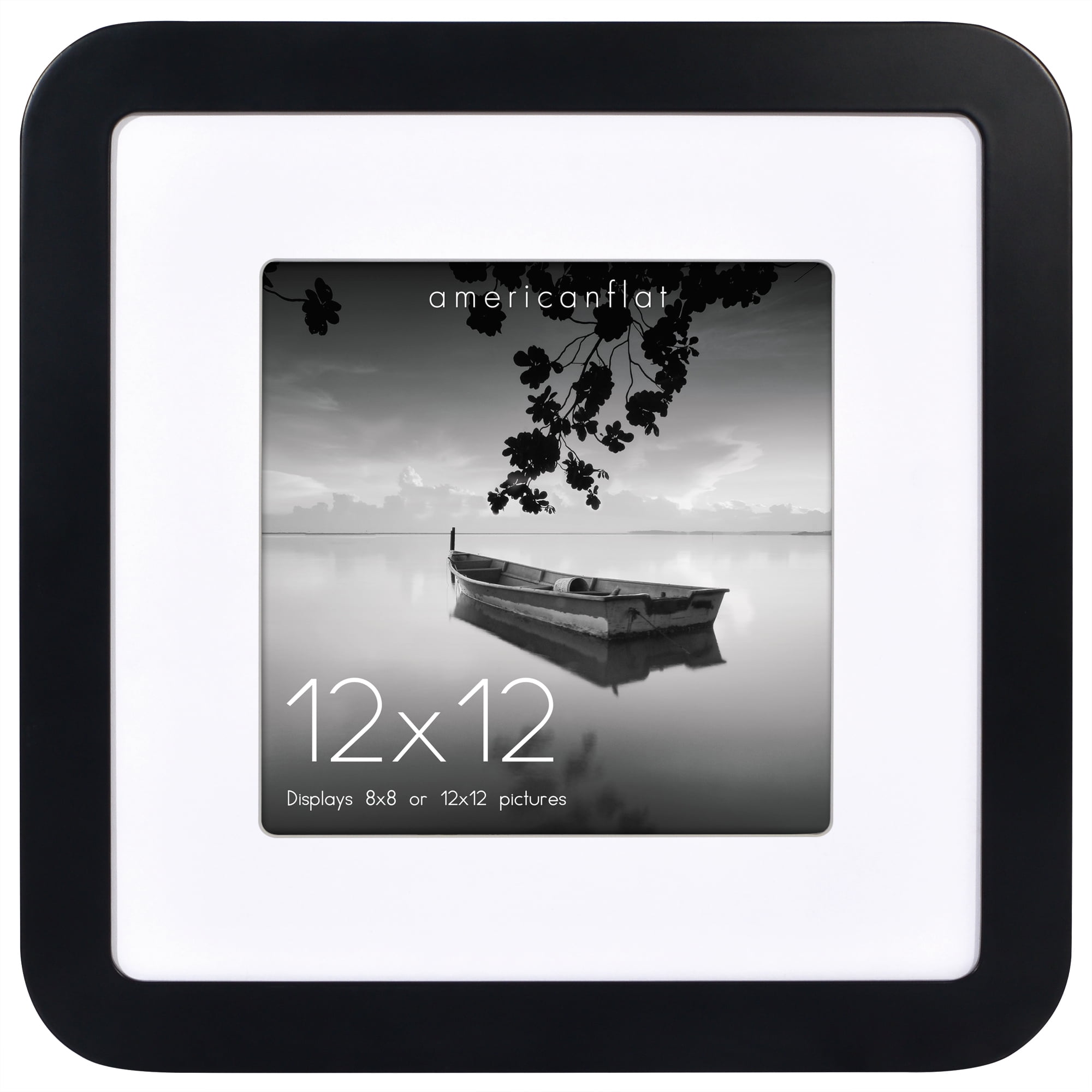 Americanflat 12x12 Picture Frame with Shatter-Resistant Glass with 8x8 Mat Round Corner Molding Mod - Black