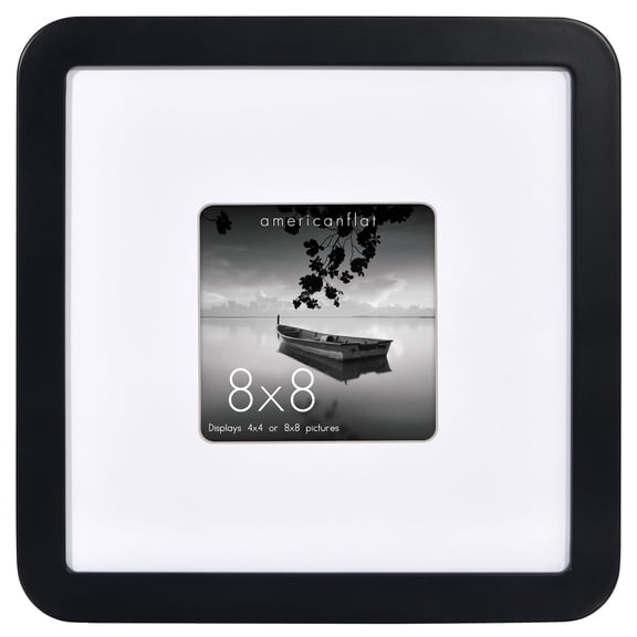 Americanflat 8x8 Picture Frame with Shatter-Resistant Glass with 4x4 Mat Round Corner Molding Mod - Black