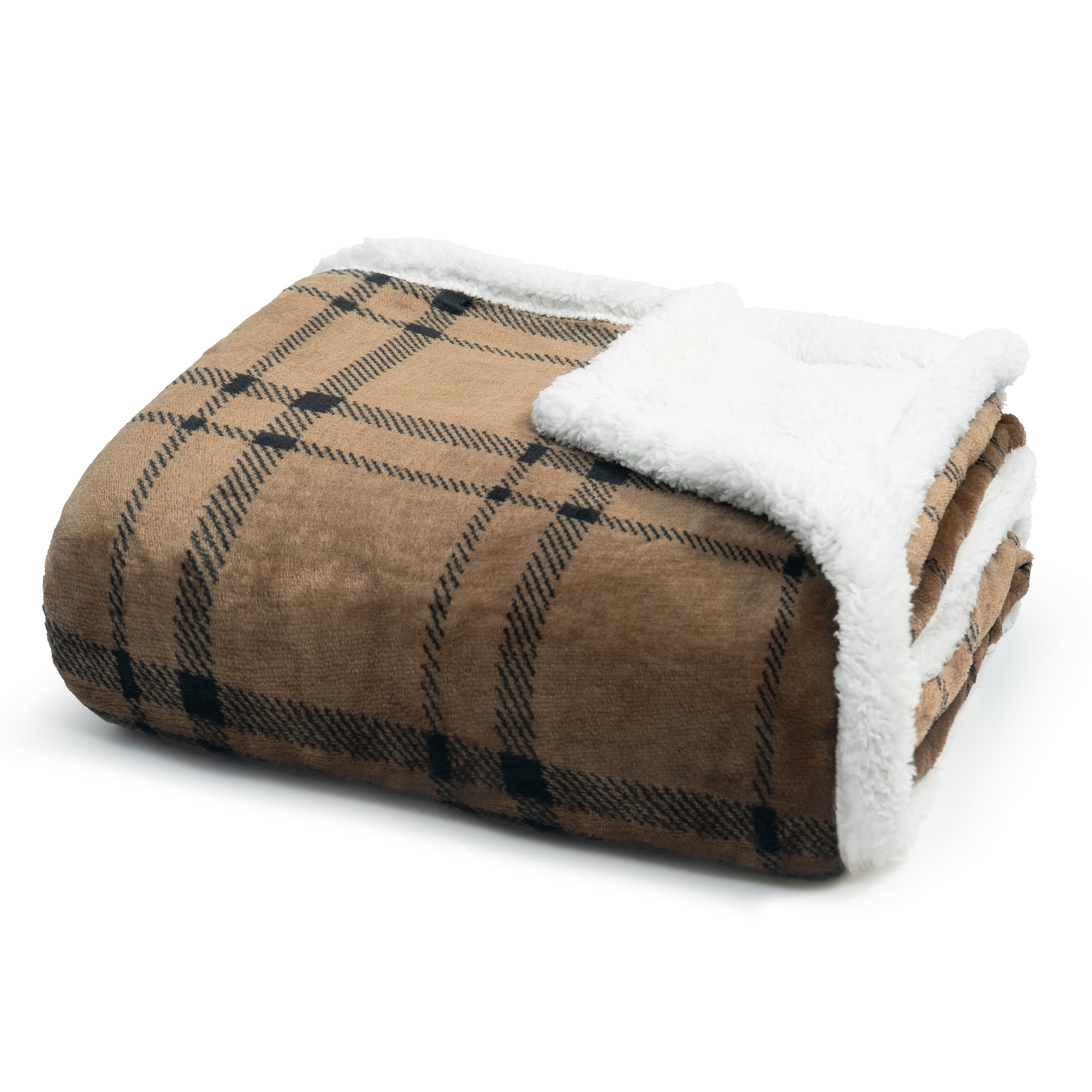 Americanflat Fleece and Reverse Sherpa Throw Blanket - 50x60 Inch Classic Tattersall Plaid - Ultra Soft Cozy Couch Cover - Warm Reversible Design - Brown