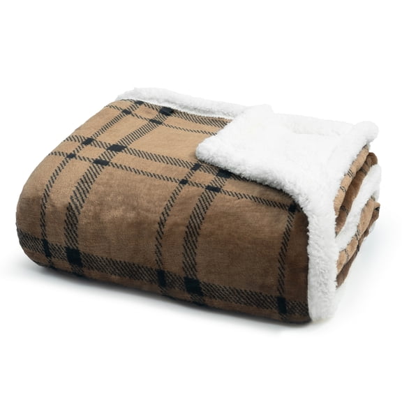 Americanflat Fleece and Reverse Sherpa Throw Blanket - 50x60 Inch Classic Tattersall Plaid - Ultra Soft Cozy Couch Cover - Warm Reversible Design - Brown