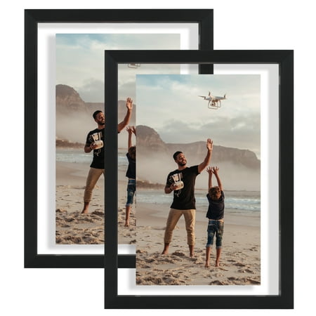 Americanflat 5x7 Picture Frame with Shatter-Resistant Glass 2 Pack Aluminum Floating Display Photo - Black