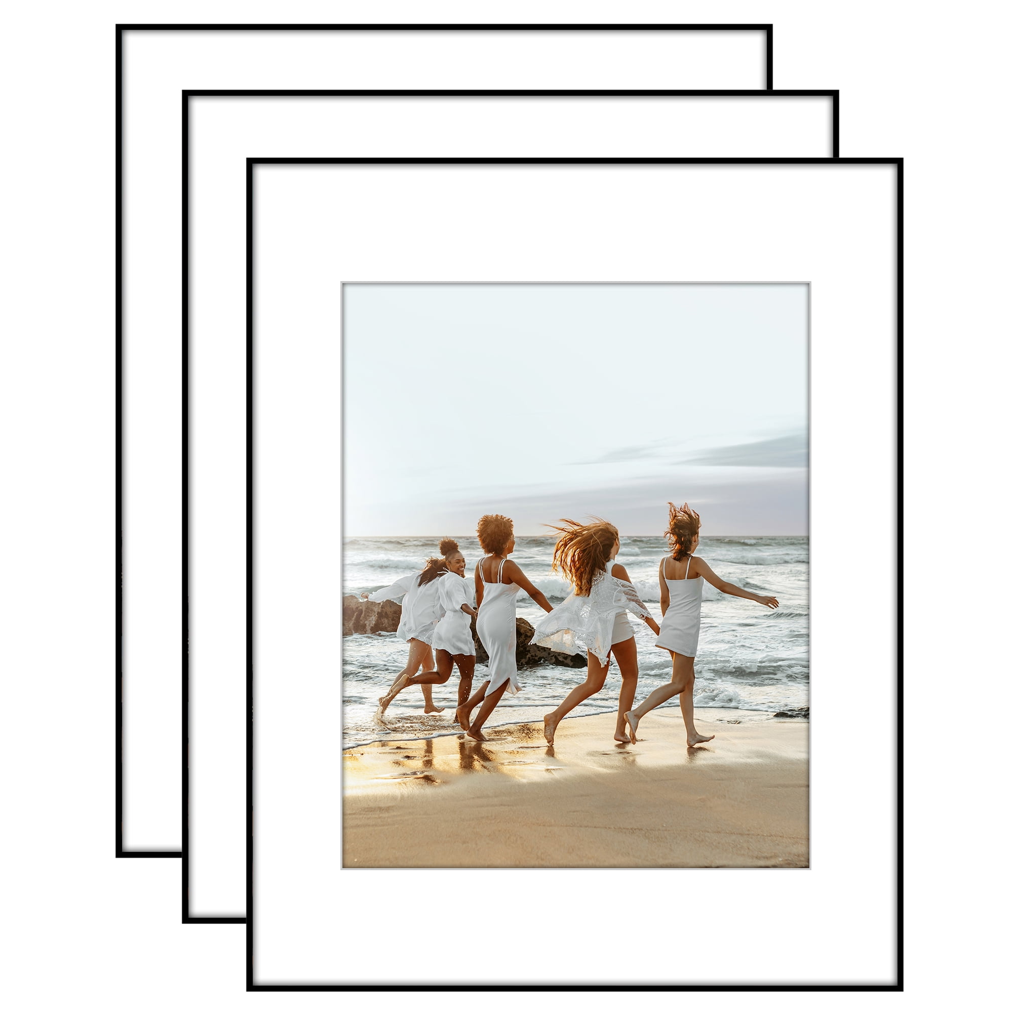 Americanflat 11x14 Front Loading Picture Frame with Shatter-Resistant Glass with 8x10 Mat 3 Pack Photo - Black
