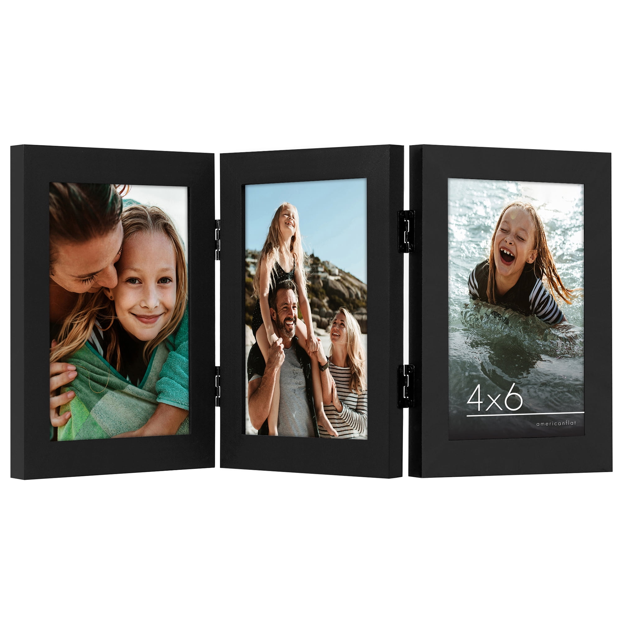 Americanflat Hinged 3 Photo Frame in Black MDF - Desk Photo Frame for 4X6" Photos - Tri Folding Picture Frame For Desk - Displays 3 Photos with Shatter-Resistant Glass Covers 4x6 Triple Fold Black