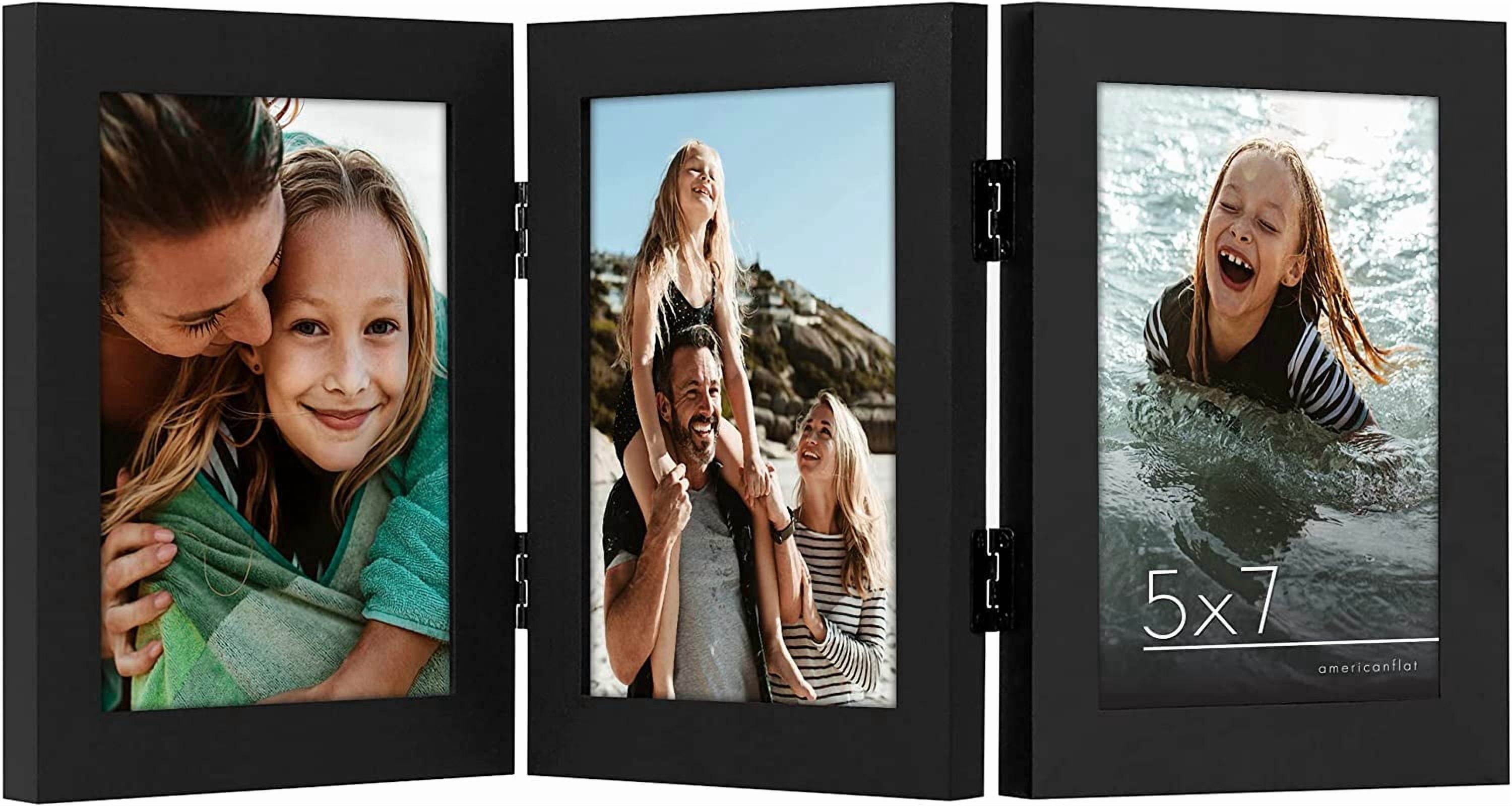 Americanflat Hinged 3 Photo Frame in Black MDF - Desk Photo Frame for 5X7" Photos - Tri Folding Picture Frame For Desk - Displays 3 Photos with Shatter-Resistant Glass Covers