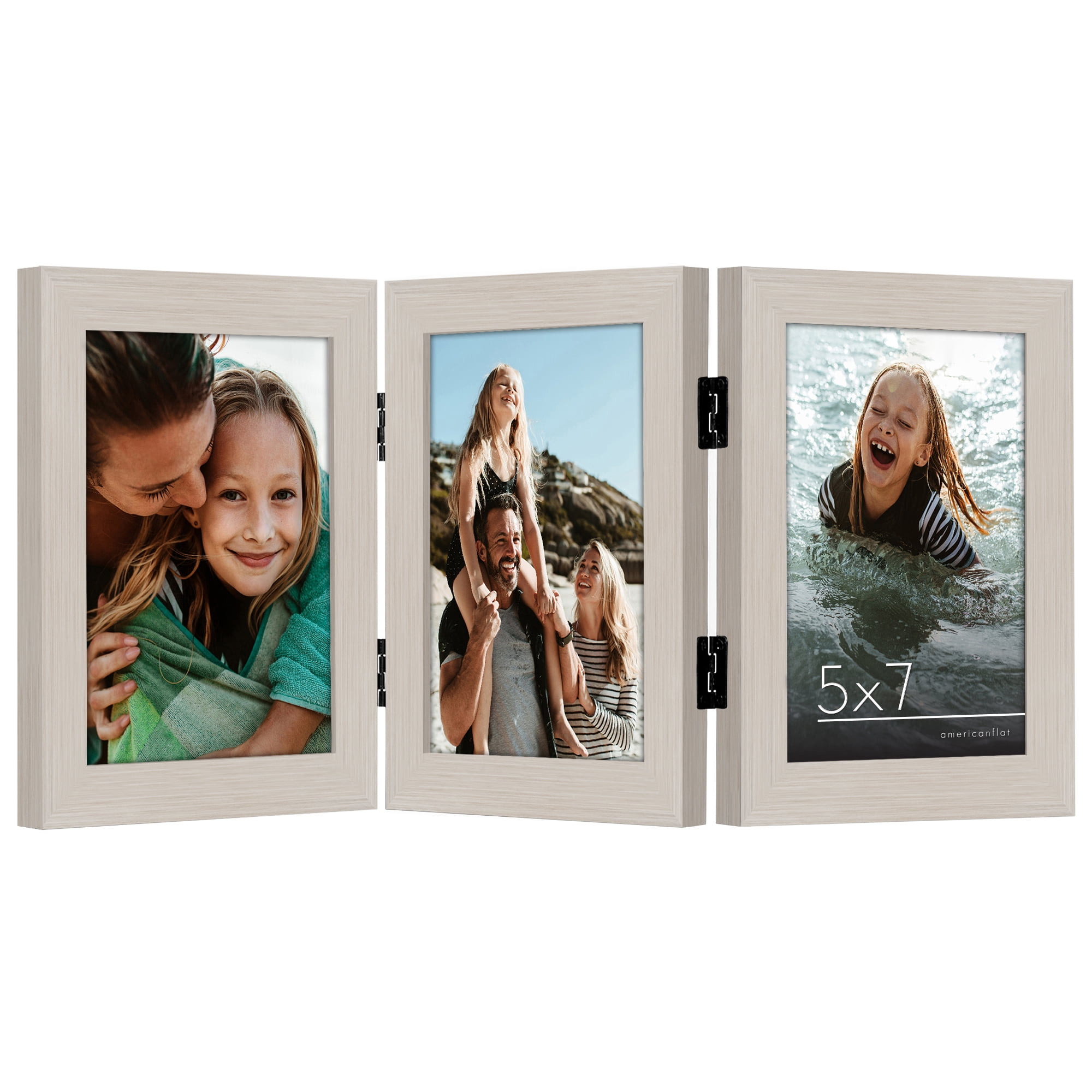 Americanflat Hinged 3 Photo Frame in Light Wood MDF - Desk Photo Frame for 5X7" Photos - Tri Folding Picture Frame For Desk - Displays 3 Photos with Shatter-Resistant Glass Covers 5x7 Triple Fold Light Wood