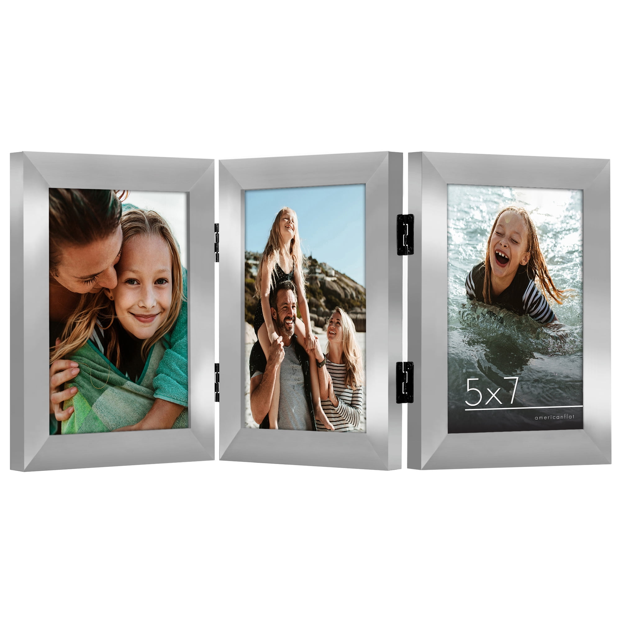 Americanflat Hinged 3 Photo Frame in Nickel Color MDF - Desk Photo Frame for 5X7" Photos - Tri Folding Picture Frame For Desk - Displays 3 Photos with Shatter-Resistant Glass Covers