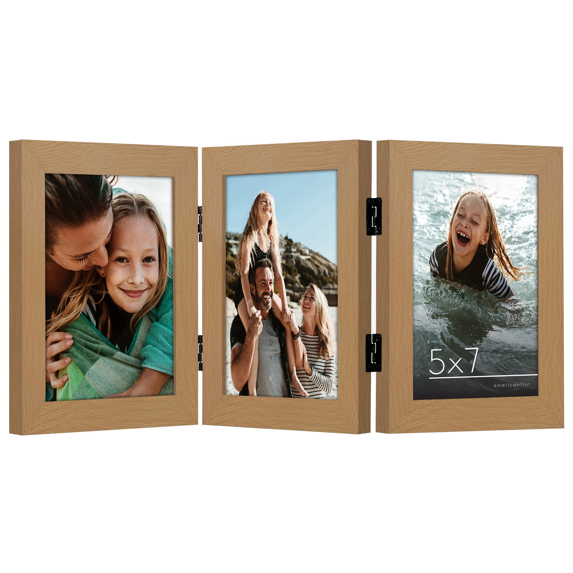 Americanflat Hinged 3 Photo Frame in Oak MDF - Desk Photo Frame for 5X7" Photos - Tri Folding Picture Frame For Desk - Displays 3 Photos with Shatter-Resistant Glass Covers