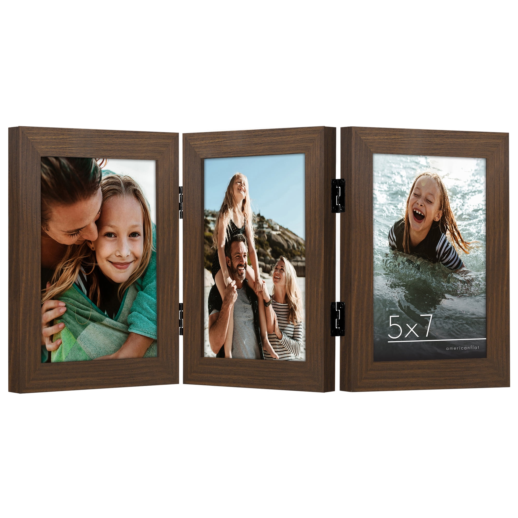 Americanflat Hinged 3 Photo Frame in Walnut MDF - Desk Photo Frame for 5X7" Photos - Tri Folding Picture Frame For Desk - Displays 3 Photos with Shatter-Resistant Glass Covers 5x7 Triple Fold Walnut