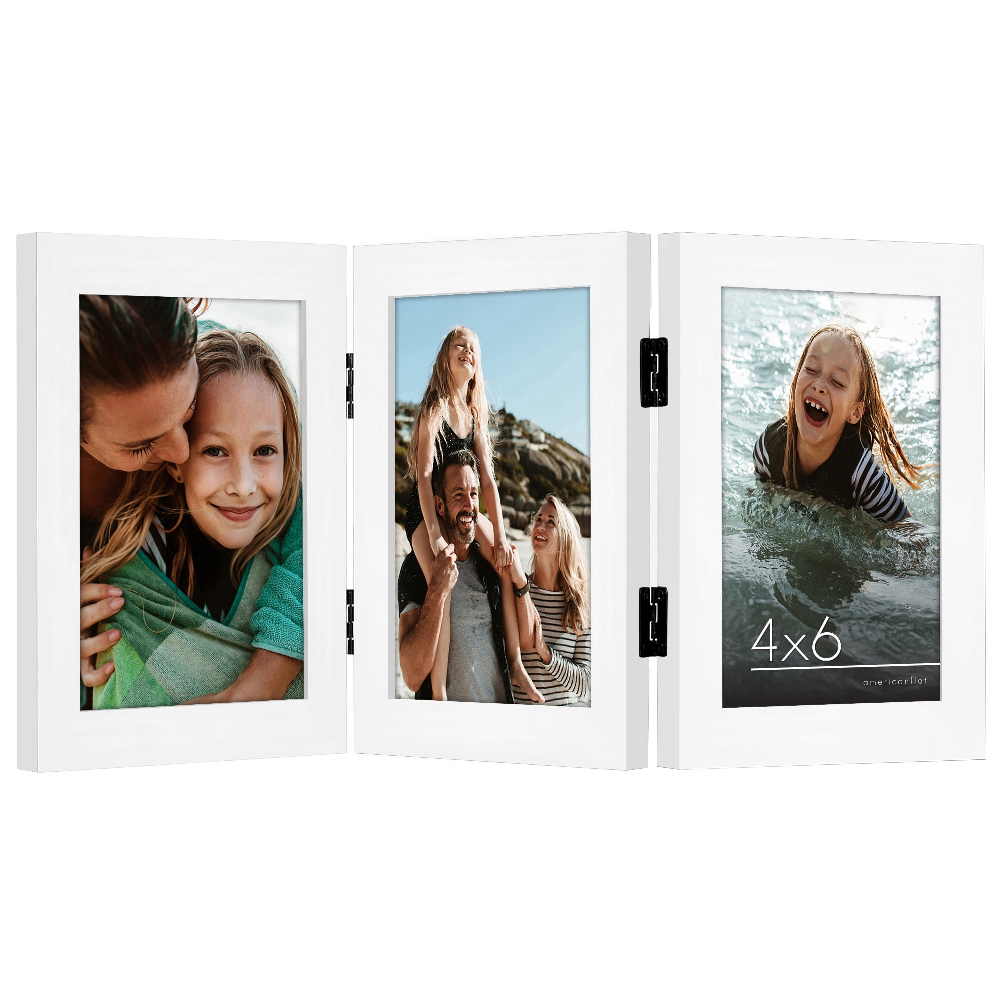 Americanflat Hinged 3 Photo Frame in White MDF - Desk Photo Frame for 4X6" Photos - Tri Folding Picture Frame For Desk - Displays 3 Photos with Shatter-Resistant Glass Covers