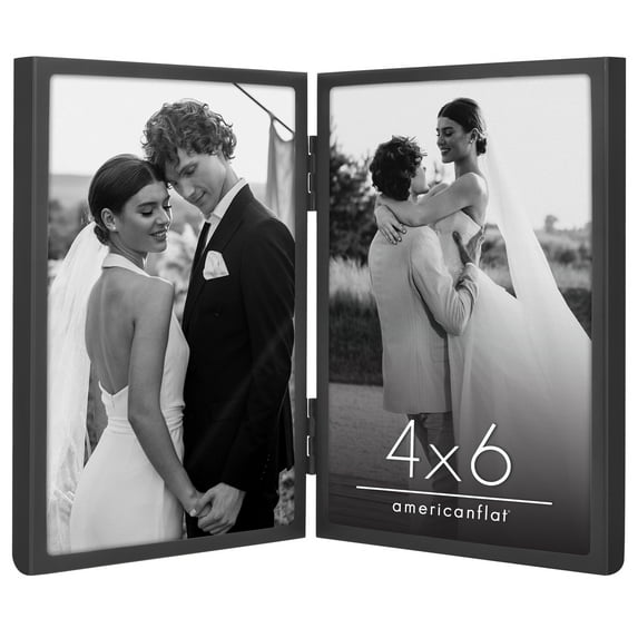 Americanflat 4x6 Hinge Frame with Shatter-Resistant Glass Hinged Metal Modern Displays Two Photos - Black